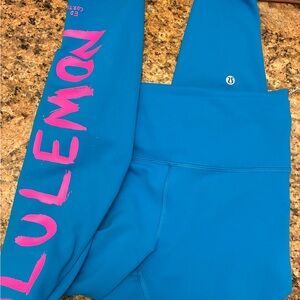 lululemon athletica Blue Leggings with Pink Logo